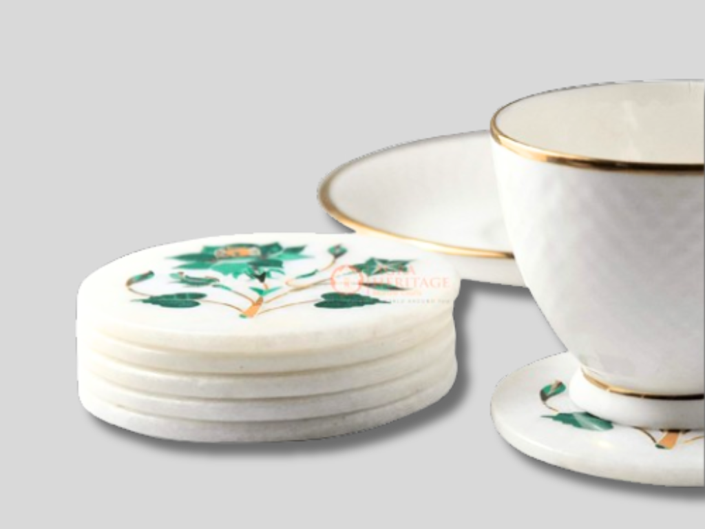 Round Marble Malachite Coaster Set Inlay Floral Home Decor Gifts